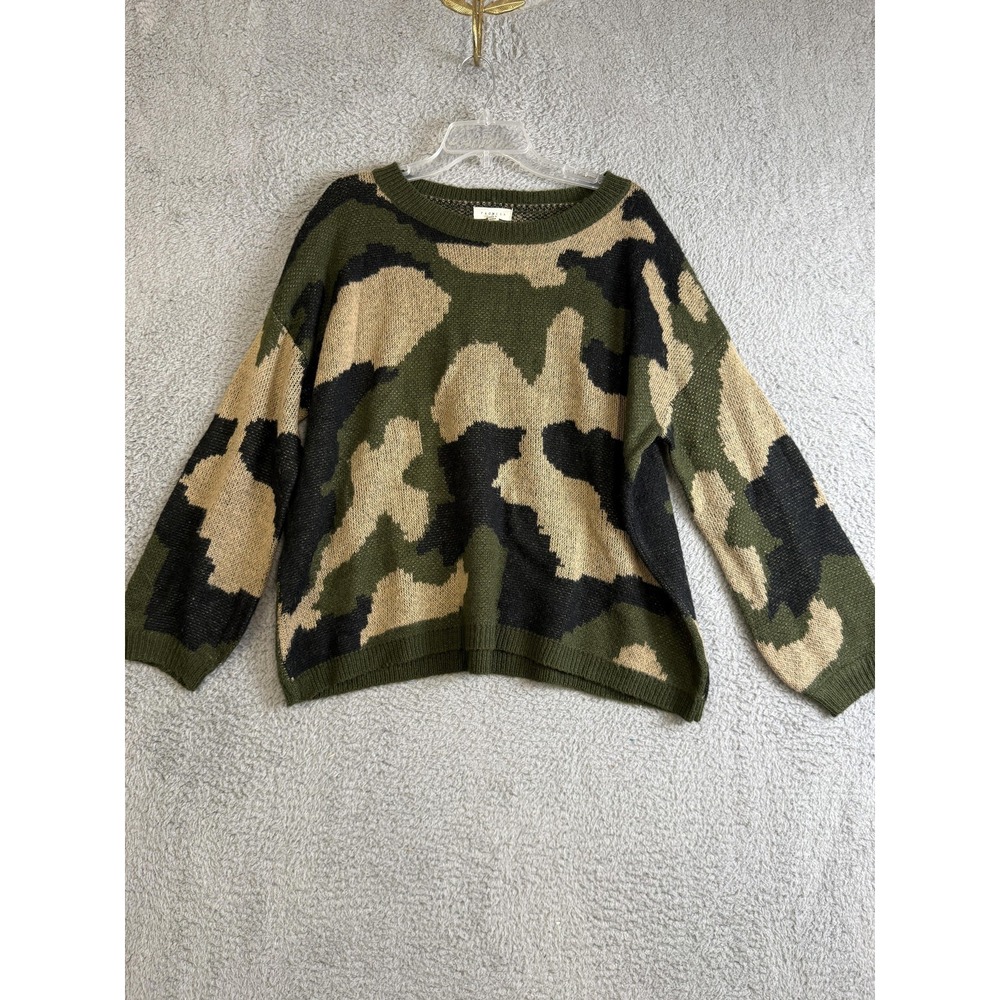 Promesa Sweater‎ Womens Small Green Black Tan Camouflage Crewneck Style JTJ9721